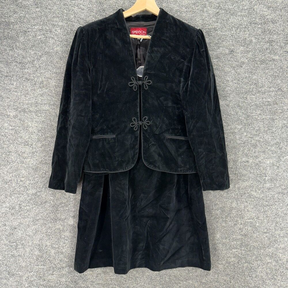 Sasson Skirt Suit Women 12/13 Black V-Neck Long Sleeve A-Line Midi Pockets